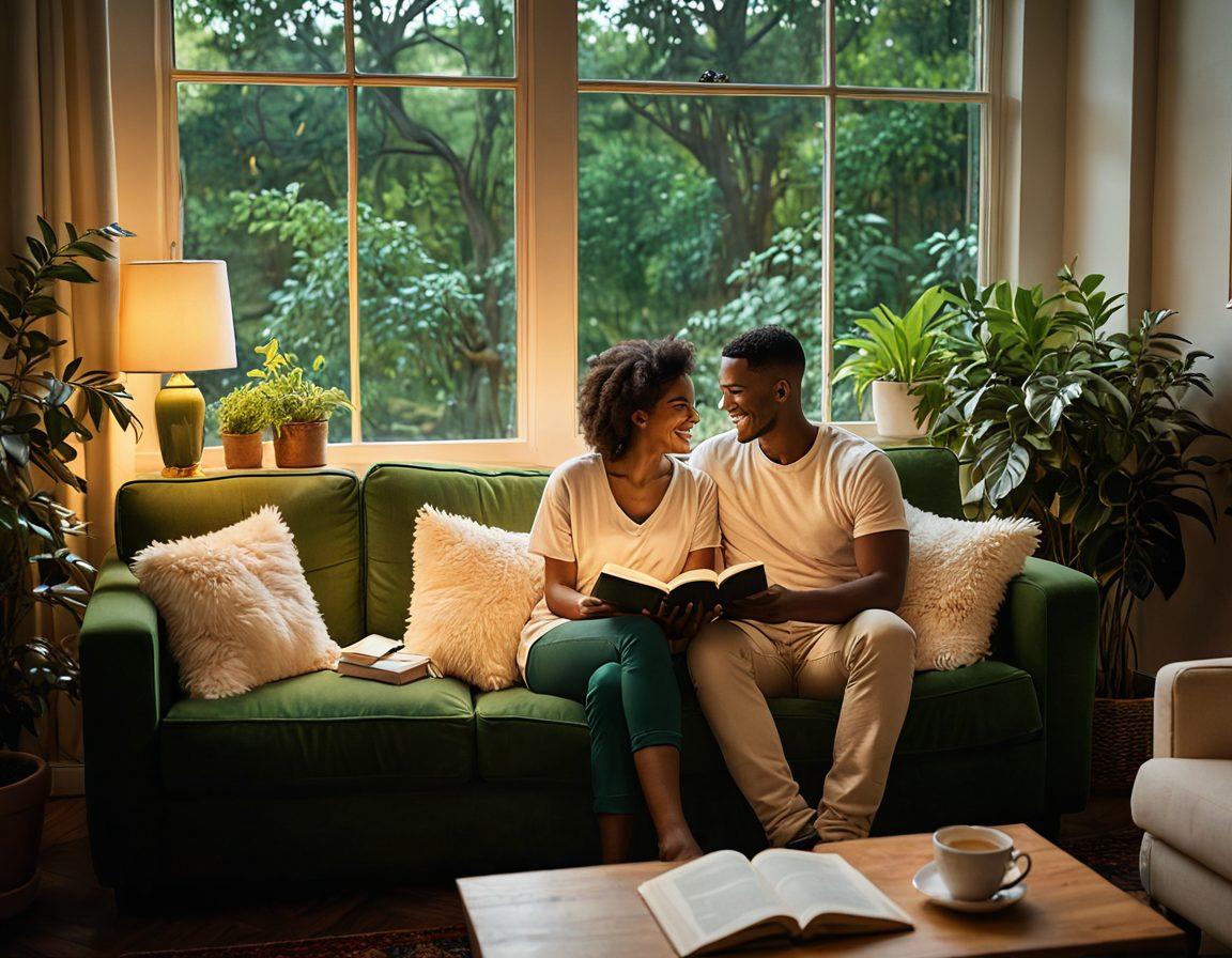 A warm and inviting scene featuring a diverse couple sitting on a cozy couch, surrounded by soft lighting and plants, sharing a heartfelt moment with smiles and laughter, symbolizing love and intimacy. Include elements like an open book, a steaming cup of tea, and a beautiful sunset visible through a window to convey connection and warmth. super-realistic. vibrant colors. cozy atmosphere.