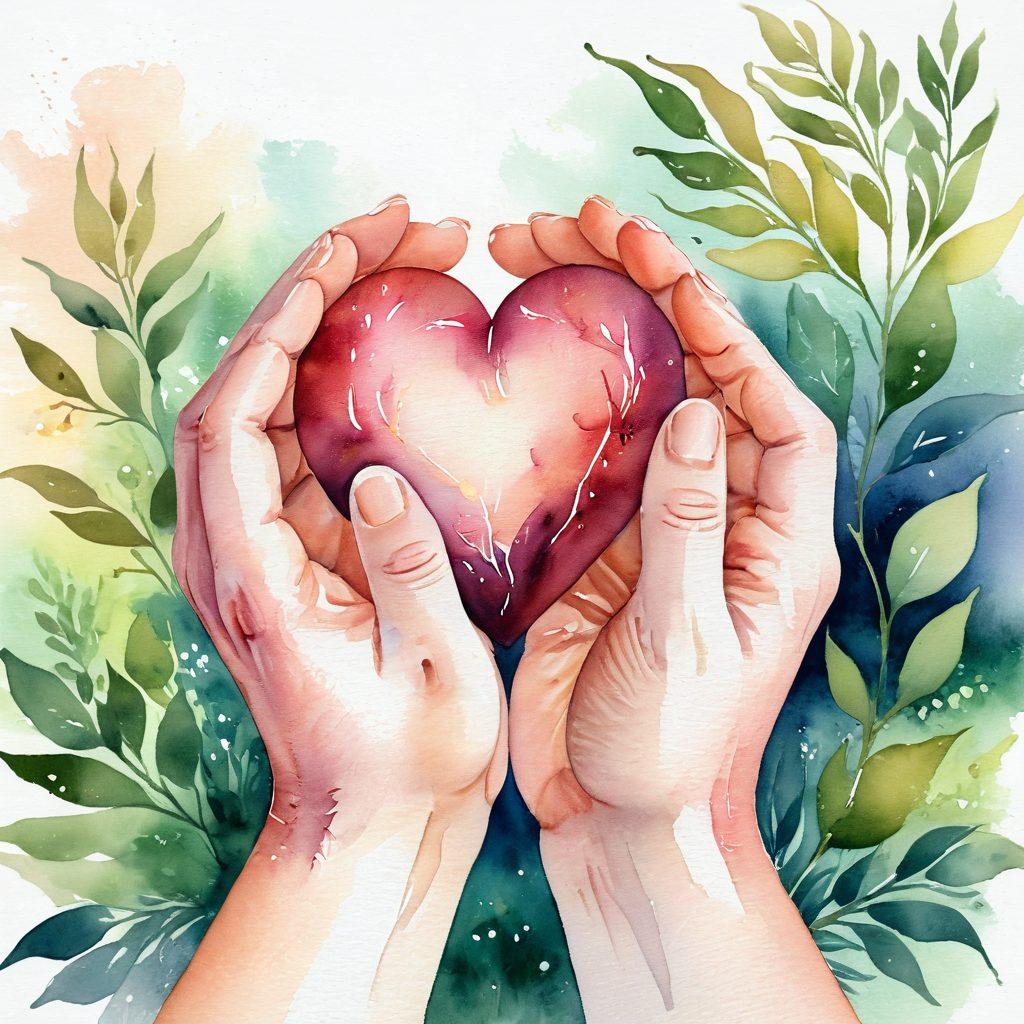 A warm and inviting scene of two hands gently holding a small, blossoming heart-shaped flower, symbolizing love and tenderness. In the background, soft pastel colors blend harmoniously, representing unity and compassion. A delicate glow surrounds the hands, enhancing the feeling of affection and care. Incorporate subtle nature elements, like soft petals and leaves, to evoke a sense of connection. watercolor painting. soft focus. pastel colors.