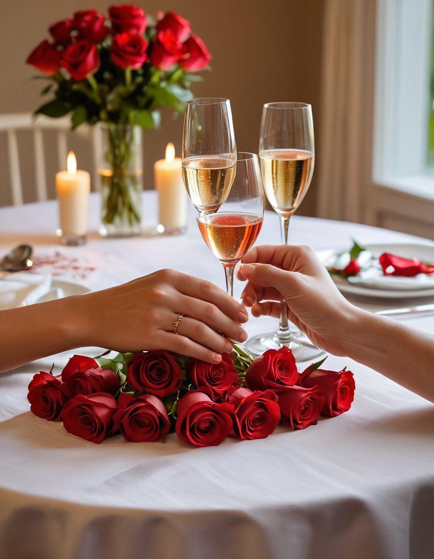 A cozy, candlelit dinner table set for two, adorned with red roses and sparkling wine glasses. Soft, warm lighting casts a romantic glow over the scene, with silhouettes of a couple holding hands in the background. Delicate heart-shaped decorations subtly emphasize love and connection. The atmosphere exudes intimacy and warmth, inviting viewers to feel the passion and devotion in their own relationships. super-realistic. vibrant colors. soft focus.
